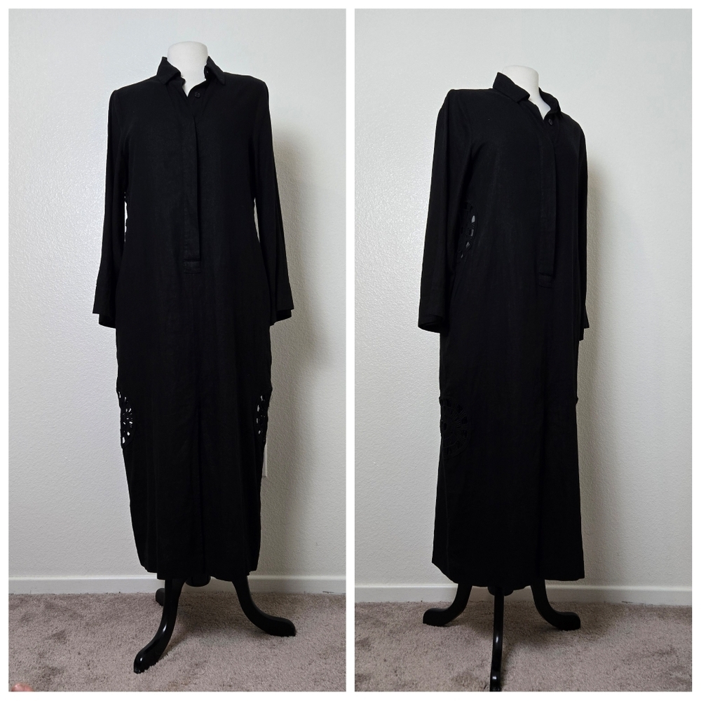 YF&B Maxi Black Dress Small Crochet Details Linen Caftan NWT Emo Whimsical Fairy